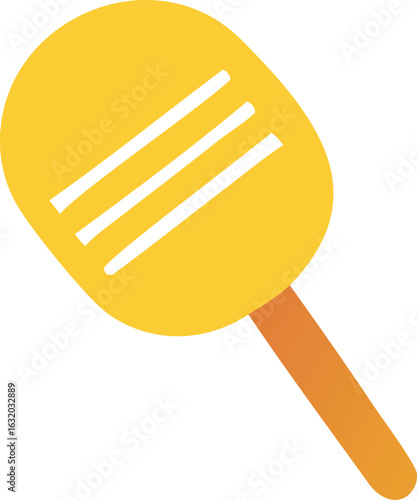 Bright yellow spatula with slotted head and orange handle isolated on white background
