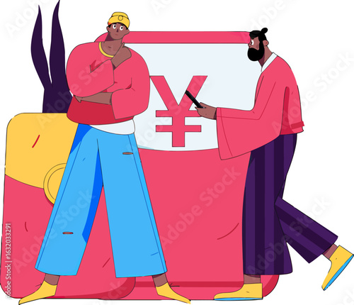 Dynamic duo managing finances with modern mobile banking, representing global currency exchange and innovative financial solutions for digital entrepreneurs and international business