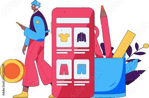 Stylish shopper browsing online fashion store on mobile device, discovering trendy clothes and accessories with vibrant designs, ready to enhance your brand's digital presence and style guides