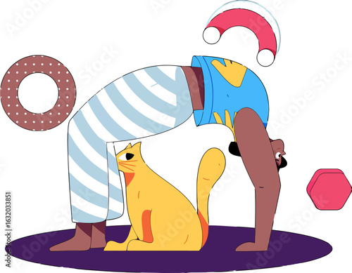 Whimsical cartoon illustration of a person doing yoga with a cat, perfect for lifestyle blogs, fitness apps, or humorous design projects with a touch of playfulness and modern aesthetic