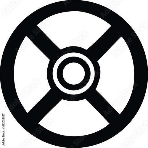 A stark black and white geometric symbol featuring a central circle within a larger circle intersected by four spokes