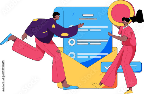 Two people joyfully submit online application, completing forms with checkmark, landing a new exciting job or project, modern design for business promotion, happy team working