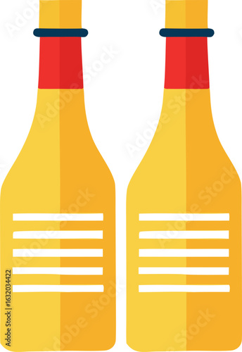 Two identical yellow bottles with red necks and white labels isolated on a white background representing condiments or beverages