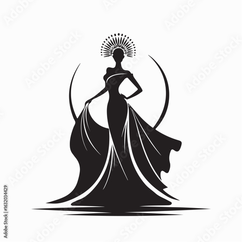 Miss Pageant Logo with Beautiful Lady Evening Gown and Crown .Design Logo Vector