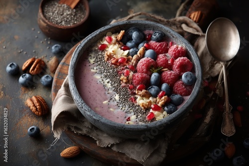 flat lay of healthy smoothie bowl with berries nuts chia seeds on rustic table