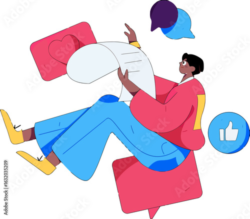 Elevate your social media game with this vibrant illustration of a person interacting with digital feedback, perfect for blogs, marketing, and engaging online content creation and connection
