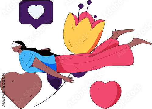 Dreamy escape with hearts and love, envisioning a whimsical flight of fancy, a modern fairy tale with social media vibes, a visual metaphor for connection and imagination, a joyful, uplifting design