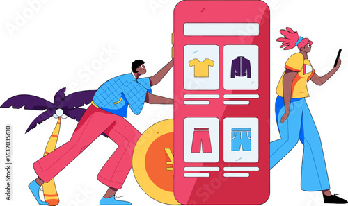 Trendy shoppers browsing fashion app for stylish clothes, enjoying vibrant online shopping experience with modern mobile technology for convenient retail therapy and discovering new trends