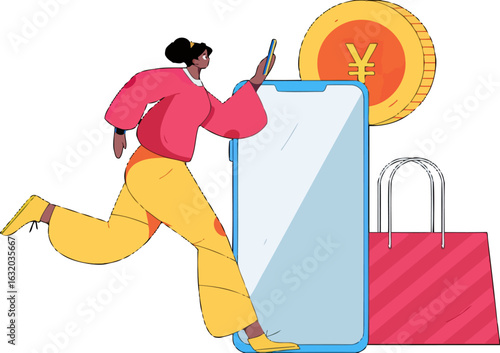 Stylish woman enjoys effortless shopping on her mobile device, discovering amazing deals and earning rewards, showcasing the ease and excitement of modern online commerce with digital currency