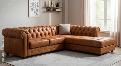 Luxurious tan leather sectional sofa with tufted detailing and chaise lounge adds elegance