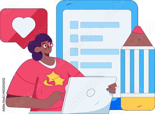 Empowered woman engaging with online social media using a laptop, building connections and community, digital communication, modern lifestyle, graphic design illustration, creative content, social med