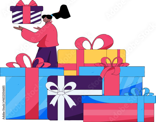 Cheerful woman joyfully balancing a stylish gift box above a vibrant stack of presents, conveying holiday spirit and the excitement of giving, perfect for seasonal marketing and celebration designs