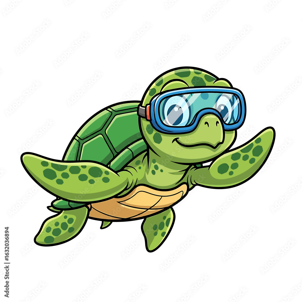 Fototapeta premium Cartoon sea turtle with swimming goggles
