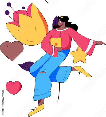 Empowered woman embracing digital dreams with joyful energy, surrounded by symbols of love, creativity, and success in a vibrant and optimistic style, radiating positivity and modern charm