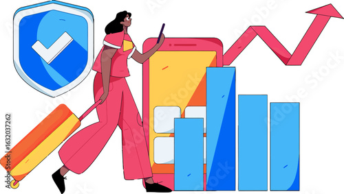 Empowered businesswoman confidently traveling with luggage, checking her smartphone for secure transactions and tracking rising business growth with user-friendly mobile finance apps