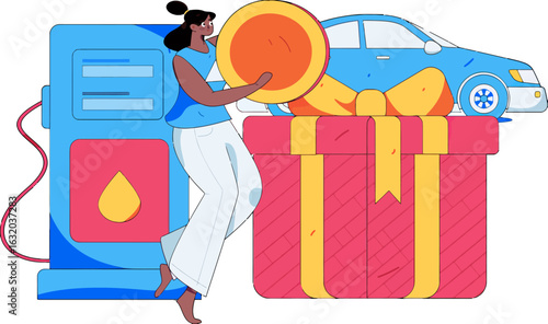 Save on Gas and Get Rewarded with a Car Gift this Season, Woman Securing Huge Coin for Savings, Enjoying Fuel Rewards and Great Automotive Deals, Celebrating Savings and Car Ownership with Extra Cash