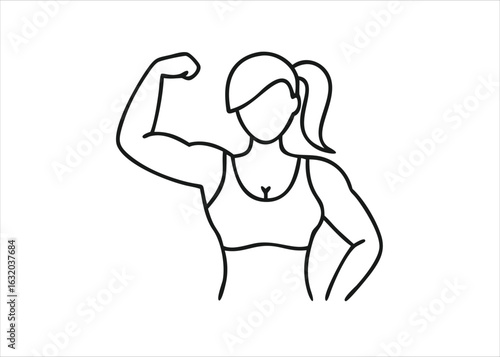 A strong female athlete with a well defined physique proudly displaying her developed bicep muscle isolated on white background