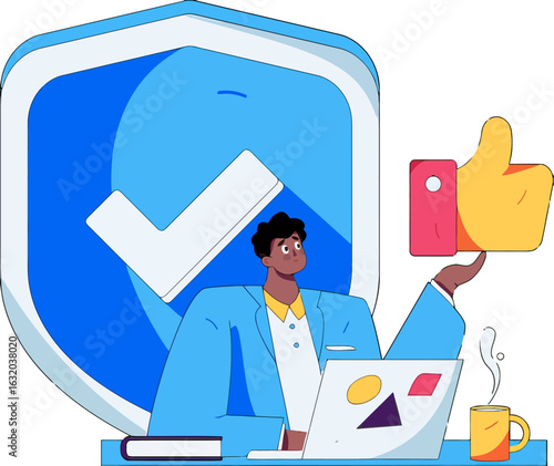 Professional man securing online business success with verified security and positive feedback, using laptop, enjoying coffee, and gaining trusted validation for digital projects