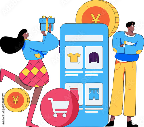 Excited shopper receiving gift after online purchase, browsing fashion app with digital currency, envisioning stylish outfits, modern shopping experience, convenient mobile retail therapy