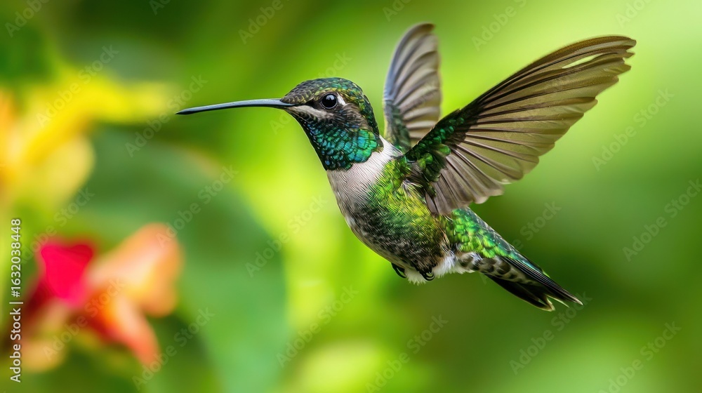 Fototapeta premium A hummingbird in flight with vibrant green and blue feathers, hovering near a flower with a blurred green background.