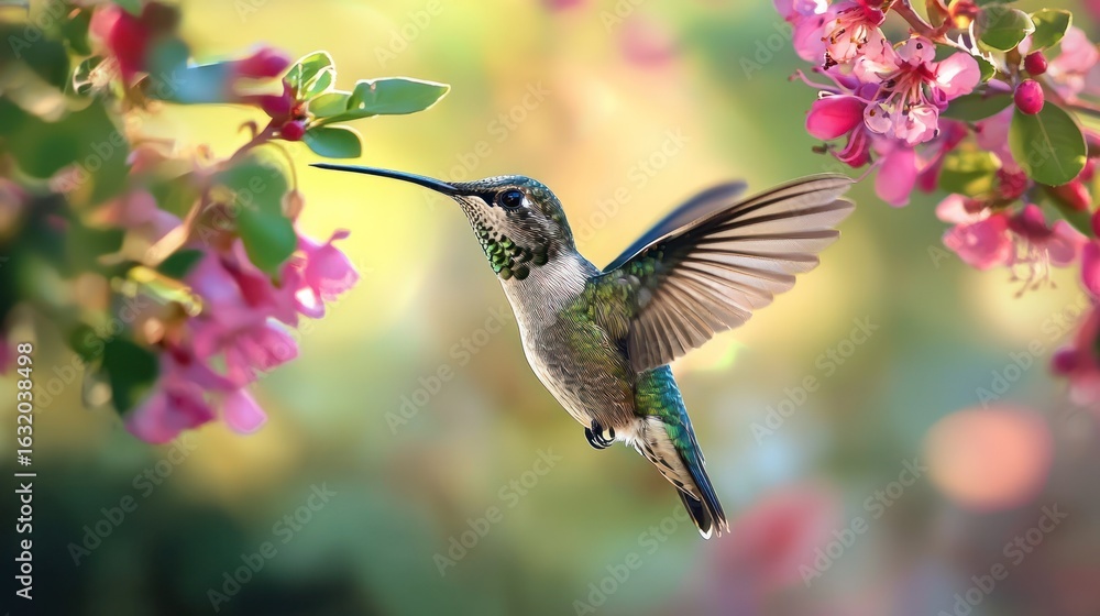 Naklejka premium A hummingbird in flight with its wings spread, hovering near a pink flower with green leaves in a blurred background.