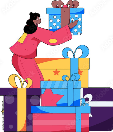 Excited woman stacking colorful gift boxes for a special celebration, spreading joy and anticipation during the holidays, capturing the spirit of giving and festive cheer