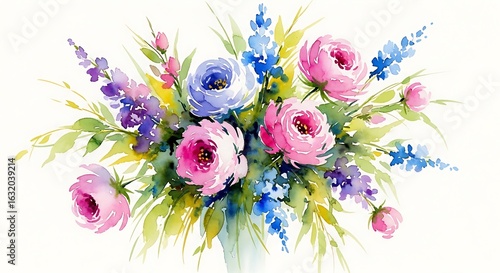 Elegant watercolor floral bouquet of pink and blue flowers