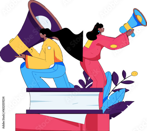 Empowered women amplifying voices with megaphones, promoting education and social change, standing on books, advocating for equality and progress, spreading knowledge and inspiration, leadership
