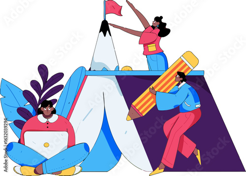 Creative team collaboration to achieve goals, businesswomen and entrepreneurship concept, diverse group working together, aiming for success, modern design, ambition and leadership