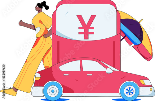 Drive your dreams with financial freedom and success, a modern woman beside a car with Yen symbol, symbolizing investment, savings, and prosperity, a bright future for finance and travel