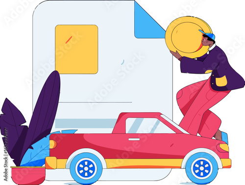 Cartoon illustration of a man investing money in a car, symbolizing financial planning for transportation and wealth building, ideal for finance blogs, investment guides, and automotive marketing