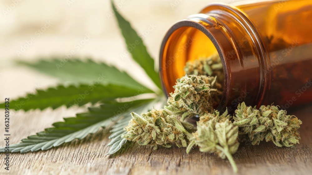 Fototapeta premium A cannabis bud and leaf on a wooden surface.