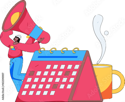 Energetic announcement for upcoming events and promotions with schedule and coffee, perfect for marketing campaigns, project deadlines, and important reminders to stay organized