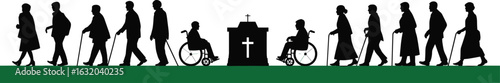 Silhouette of elderly people walking, funeral concept with wheelchair users, cemetery grave, cane support, end-of-life illustration, mourning procession