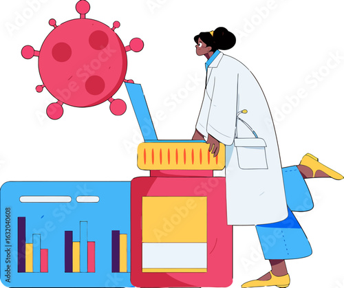 Dedicated doctor researching virus data on laptop, formulating innovative treatment plans for infectious disease outbreaks in modern medical facility, promoting health and wellness