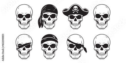 Collection of eight skull illustrations with pirate accessories on a white background