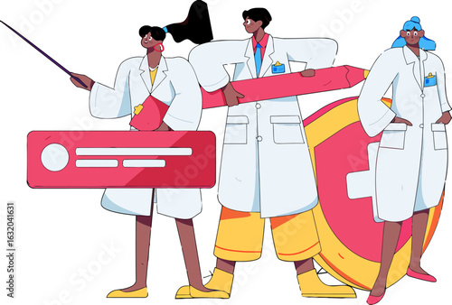 Diverse medical team offering expert advice and protection with shield and pencil, ready to diagnose and treat with skill, perfect for healthcare marketing and educational materials