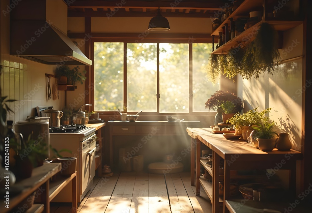 Fototapeta premium Sunlight-Filled Rustic Kitchen: Cozy Ambiance, Natural Light, and Homely Charm