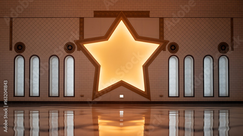 Large, glowing star on a wall, reflecting in the floor.

