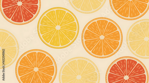 Citrus slices in vibrant colors, a cheerful pattern.
