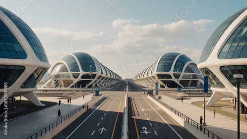 Modern, symmetrical buildings flank a wide, empty road.
