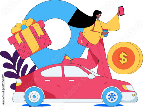 Get Ready to Spend Your Money with a Brand New Car, a Big Gift, and a Coffee in Hand, a Cartoon Illustration for Financial Freedom, Holiday Shopping, and the Joy of Spending, A Modern Lifestyle
