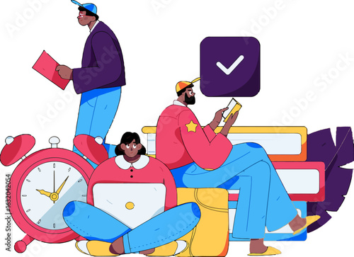 Diverse students achieving academic goals with books, laptop, and positive checkmark icon, showing successful study habits and effective time management, ideal for education and productivity content