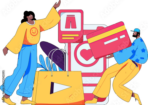 Enjoy seamless online shopping with fast payments and trendy clothes, celebrate the ease of digital retail with a vibrant, modern interface and diverse fashion choices