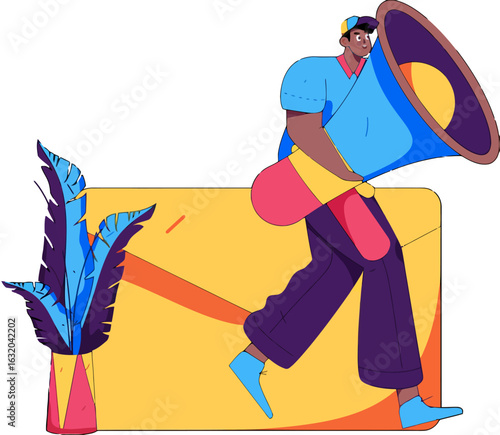 Enthusiastic man announces big news with a megaphone standing next to a giant message, perfect for marketing, announcements, and capturing attention with a vibrant and modern graphic style
