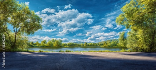 Fototapeta Naklejka Na Ścianę i Meble -  The breathtaking landscape featuring a serene river and vibrant greenery.