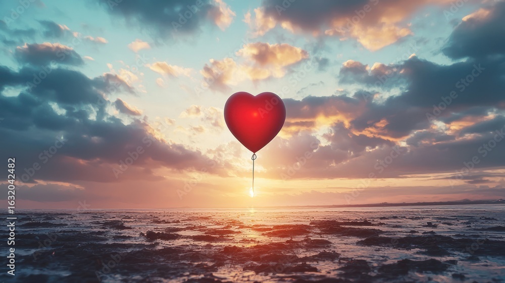 Fototapeta premium A red heart-shaped balloon floating in the sky at sunset.