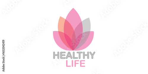 A logo with a pink lotus flower and the words healthy life underneath on a white background