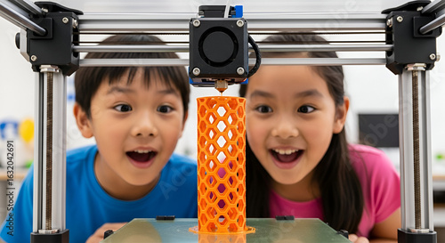 Two excited children observe a 3D printer creating a cylindrical object.