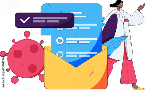 Doctor sending vital Covid-19 health updates and medical advice via email, promoting telehealth during a pandemic, and ensuring patient well-being with modern digital healthcare solutions